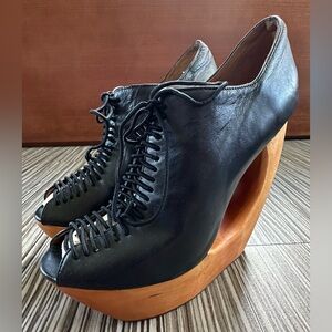 Jeffrey Campbell Havana Last Rockin Platform Black Leather Wood Cutout Wedge